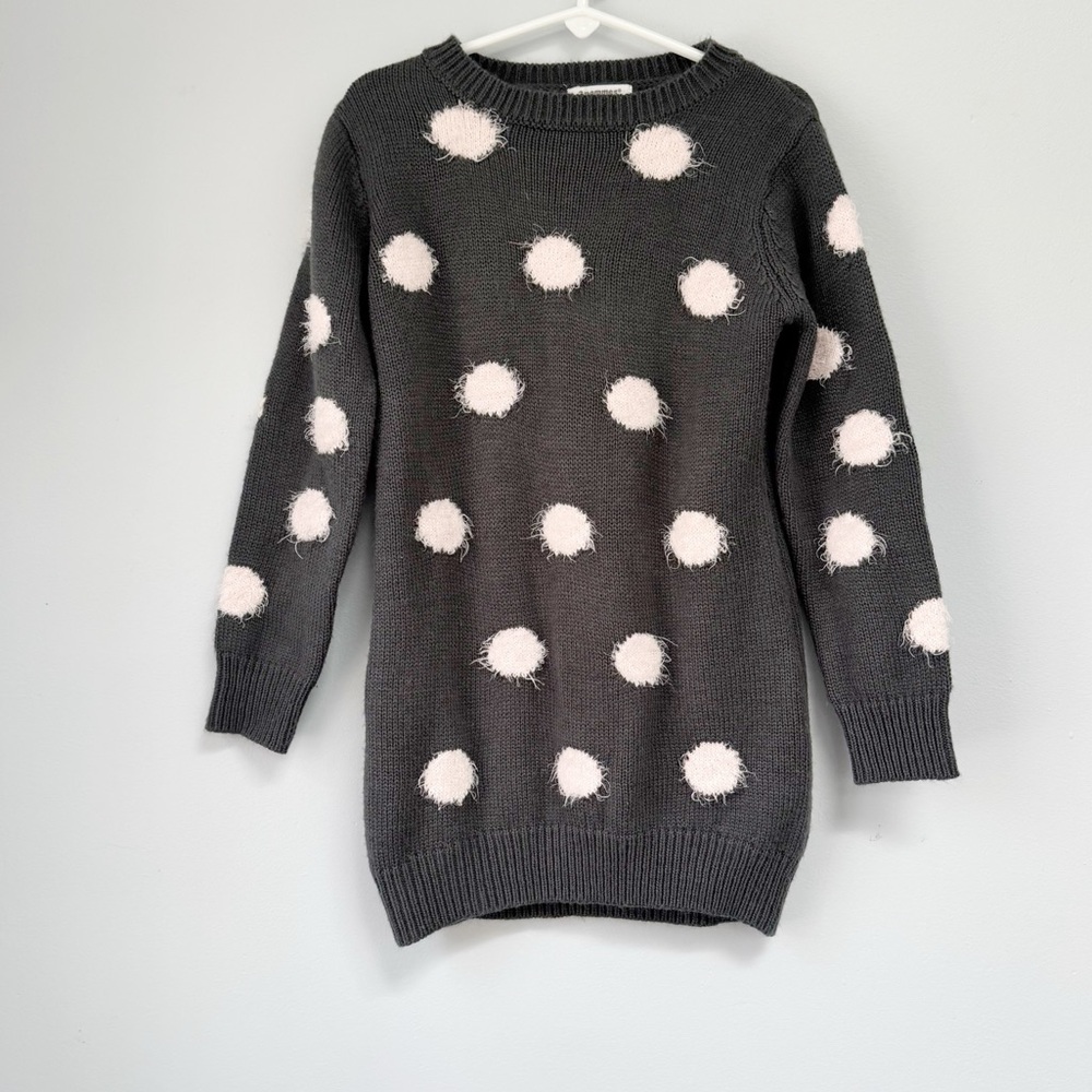 3 Pommes Girls Grey Crewneck Sweater Dress Tunic 5-6 Years Pink Fuzzy Polka Dots